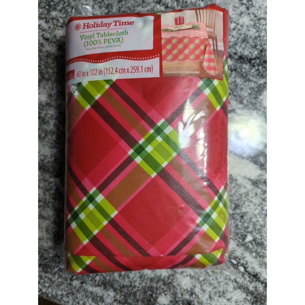 Christmas Holiday Time Vinyl Tablecloth 60x102 Rectangular Christmas Plaid